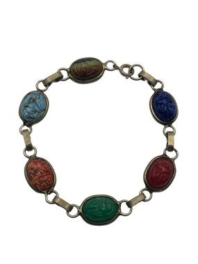 Egyptian Revival scarab multi colored colorful beetle chain vintage bracelet